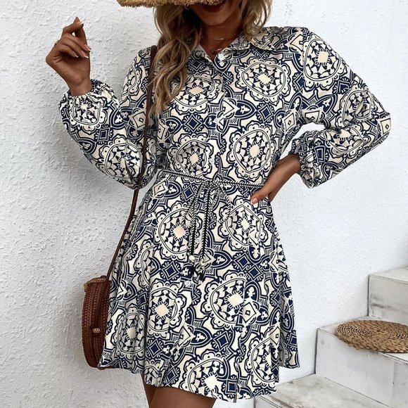 . Dresses & Skirts - Multicolor Boho Womens Random Allover Print Belted Shirt Dress